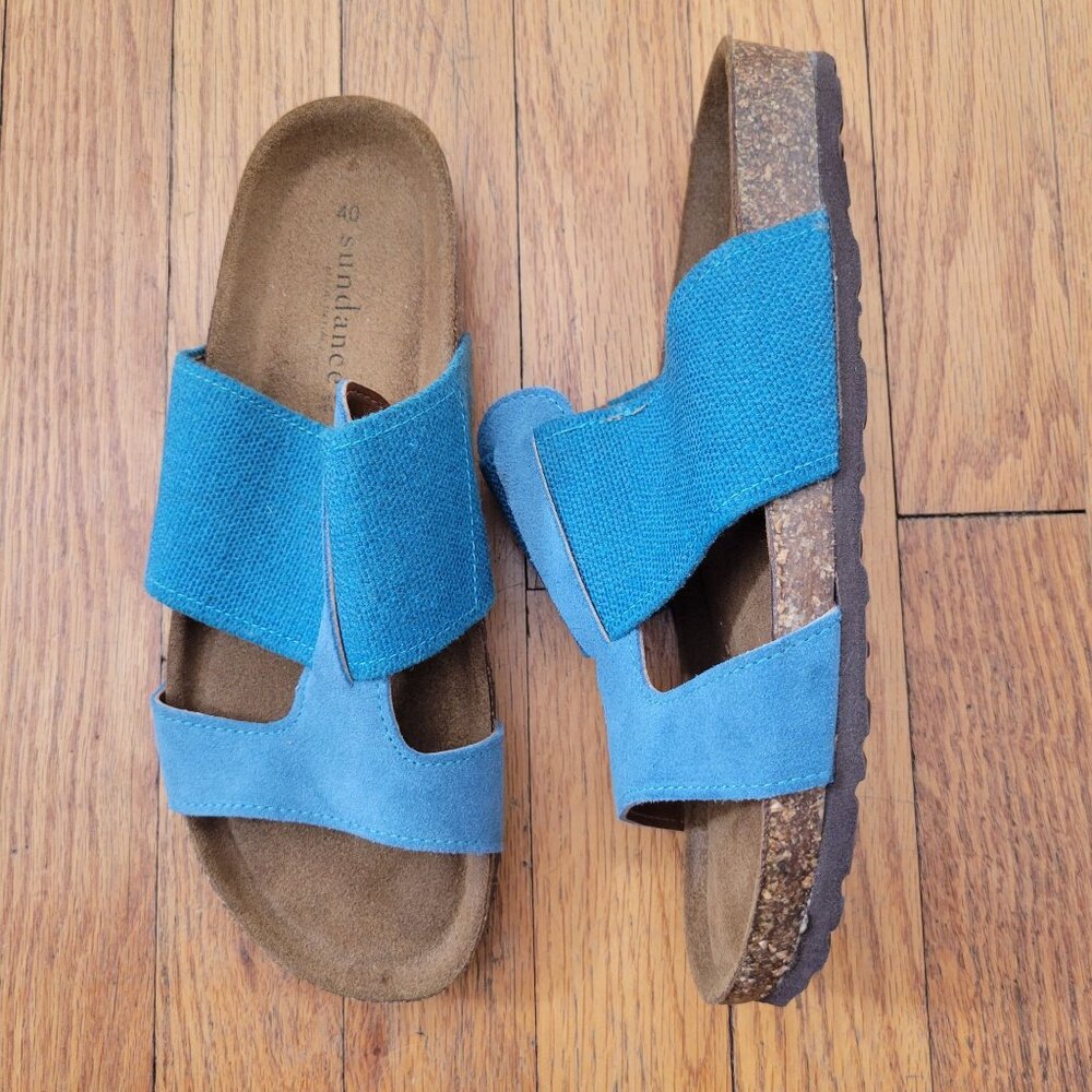 Sundance 9 9.5 Blue Leather Canvas Sandals‎ Cork Insole 40 Open Toe Comfort